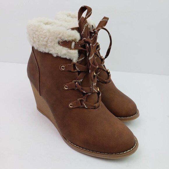 NEW Nautica Galva Womens Size 7.5 Brown Faux Fur Trim Lace Up Wedge Boots ZFN094 - Picture 1 of 10